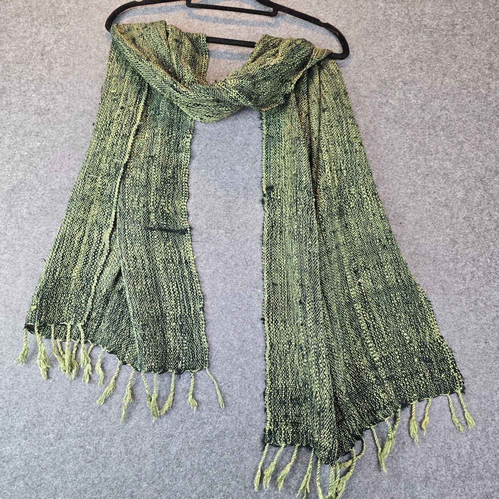 Woven Scarf Shawl Unisex Green Black Handwoven Fringe Ends Boho Handmade